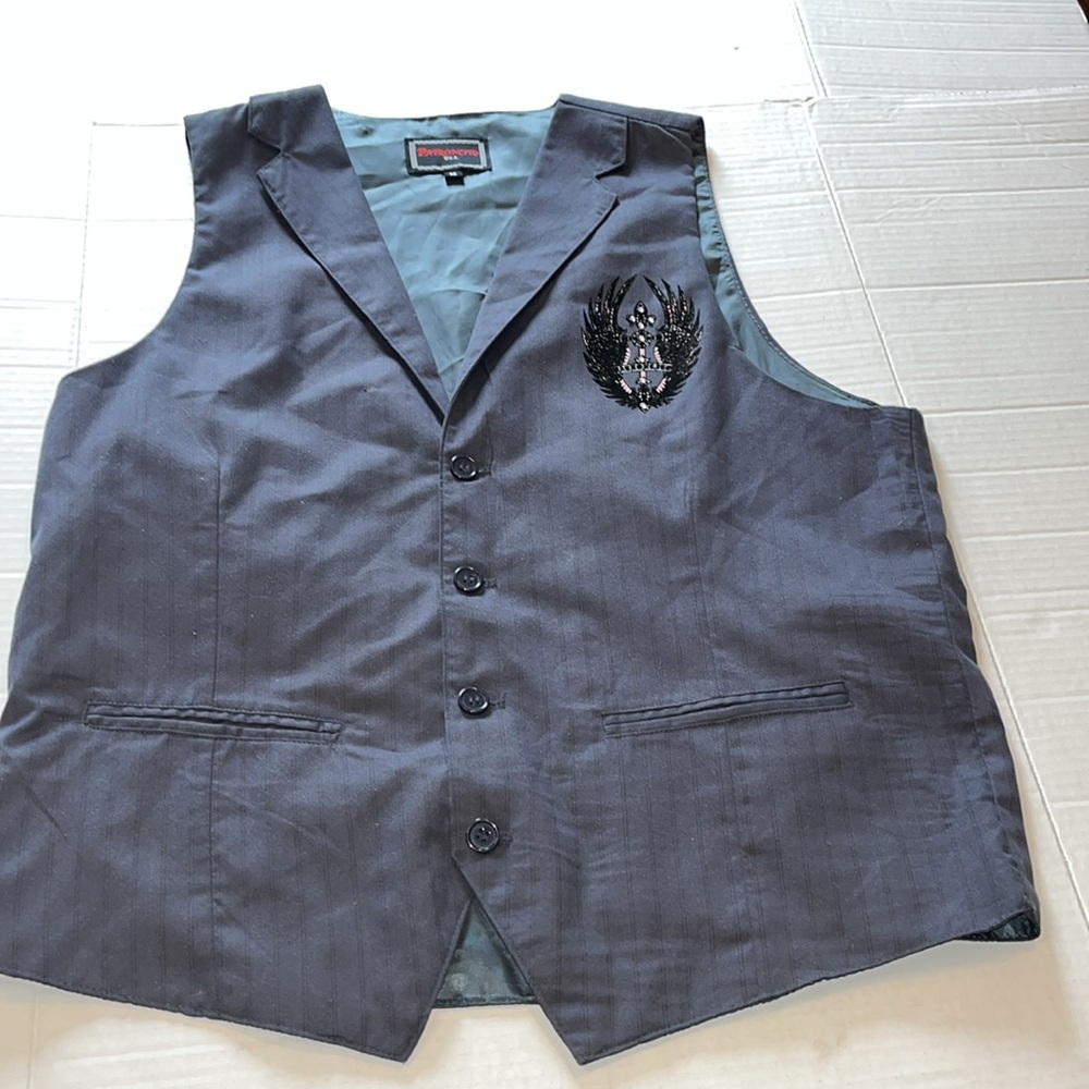 Y2K-VTG-Patroncito-M-Gray-bling, burnout, cross detail, biker core, rocker, vest